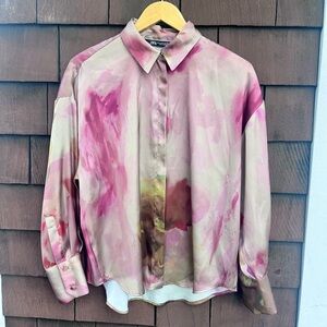 Zara gorgeous greige jewel tone fuchsia silky flowy blouse